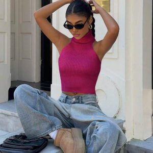 Flirla Top en tricot casual ajusté sans manches de couleur unie col roulé pour femme