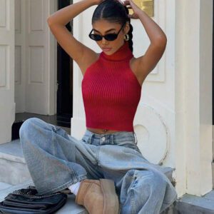 Flirla Top en tricot casual ajusté sans manches de couleur unie col roulé pour femme