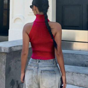 Flirla Top en tricot casual ajusté sans manches de couleur unie col roulé pour femme