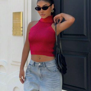 Flirla Top en tricot casual ajusté sans manches de couleur unie col roulé pour femme