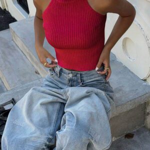 Flirla Top en tricot casual ajusté sans manches de couleur unie col roulé pour femme