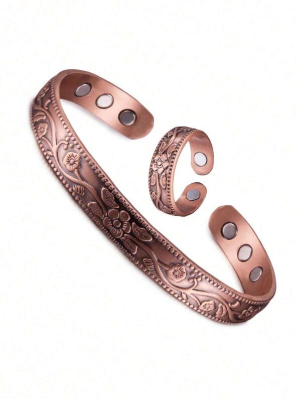 1 set Bracelet et bague à l'énergie de fleurs de prunier de couleur bronze vintage. Convient pour les fêtes, les cadeaux, le port quotidien pour hommes et femmes – Image 2