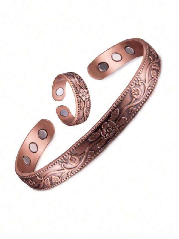 1 set Bracelet et bague à l'énergie de fleurs de prunier de couleur bronze vintage. Convient pour les fêtes, les cadeaux, le port quotidien pour hommes et femmes – Image 3
