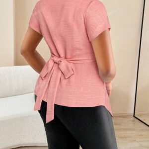Chemise à manches courtes chauve-souris, imprimé à rayures, avec boutons devant, ourlet asymétrique, blouse croisée. Tenue d'automne élégante, idéale pour les déplacements quotidiens et les sorties décontractées (imprimé aléatoire)