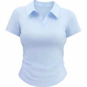 INAWLY T-shirt casual à manches courtes en jersey froncé, col chemise, couleur unie pour femme