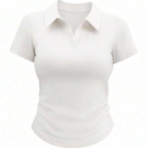 INAWLY T-shirt casual à manches courtes en jersey froncé, col chemise, couleur unie pour femme