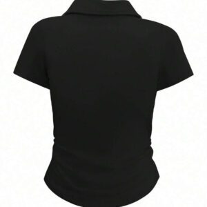 INAWLY T-shirt casual à manches courtes en jersey froncé, col chemise, couleur unie pour femme