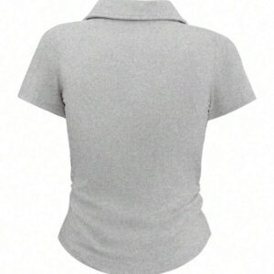 INAWLY T-shirt casual à manches courtes en jersey froncé, col chemise, couleur unie pour femme