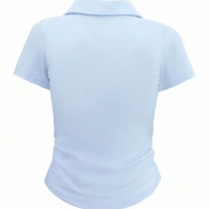 INAWLY T-shirt casual à manches courtes en jersey froncé, col chemise, couleur unie pour femme