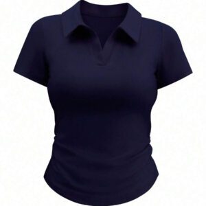 INAWLY T-shirt casual à manches courtes en jersey froncé, col chemise, couleur unie pour femme