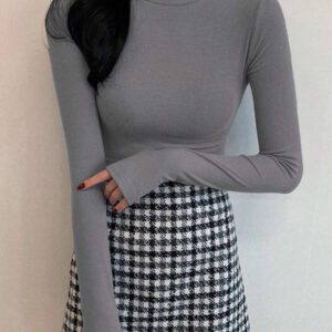DAZY T-shirt slim à col roulé manches longues en couleur unie décontracté pour femme, automne