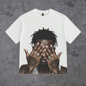 Slaydiva T-shirt à manches courtes col rond ample avec impression de portrait et d'empreinte digitale, décontracté et simple, pour femmes