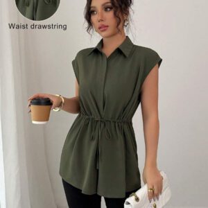 Elenzga Chemise femme à col, avec boutonnage, taille cintrée, épaules tombantes, en forme de ligne A, de couleur unie, pour les vacances et les déplacements