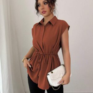 Elenzga Chemise femme à col, avec boutonnage, taille cintrée, épaules tombantes, en forme de ligne A, de couleur unie, pour les vacances et les déplacements