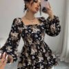 Elenzga 1 pièce Blouse régulière pour femme, col rond, manches longues bouffantes, motif floral éparpillé, polyvalente