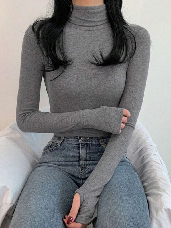 DAZY T-shirt slim à col roulé manches longues en couleur unie décontracté pour femme, automne – Image 4