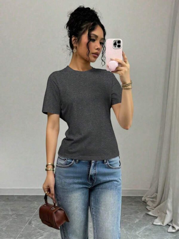 SHEIN PETITE T-shirt femme à col rond, manches courtes, couleur unie, été – Image 59