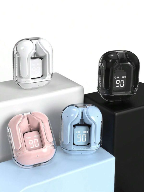 1 écouteur Bluetooth sans fil transparent, écouteur sans fil stéréo, affichage LED de la batterie, boîtier de charge de type C, compatible avec tous les smartphones, convient pour le jeu, la musique, les sports de plein air/les , l'utilisation par les adultes, microphone capacitif, batterie rechargeable de 150 mAh, polymère lithium-ion – Image 2