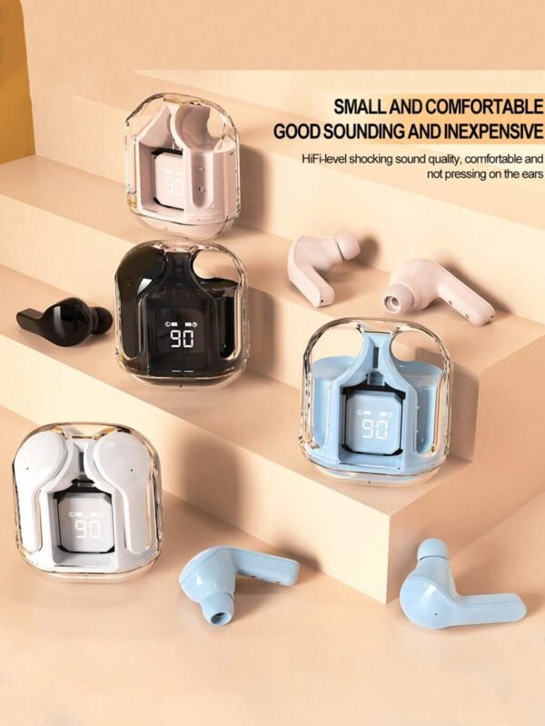 1 écouteur Bluetooth sans fil transparent, écouteur sans fil stéréo, affichage LED de la batterie, boîtier de charge de type C, compatible avec tous les smartphones, convient pour le jeu, la musique, les sports de plein air/les , l'utilisation par les adultes, microphone capacitif, batterie rechargeable de 150 mAh, polymère lithium-ion – Image 3