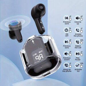 1 écouteur Bluetooth sans fil transparent, écouteur sans fil stéréo, affichage LED de la batterie, boîtier de charge de type C, compatible avec tous les smartphones, convient pour le jeu, la musique, les sports de plein air/les , l'utilisation par les adultes, microphone capacitif, batterie rechargeable de 150 mAh, polymère lithium-ion