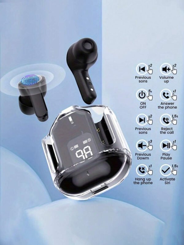 1 écouteur Bluetooth sans fil transparent, écouteur sans fil stéréo, affichage LED de la batterie, boîtier de charge de type C, compatible avec tous les smartphones, convient pour le jeu, la musique, les sports de plein air/les , l'utilisation par les adultes, microphone capacitif, batterie rechargeable de 150 mAh, polymère lithium-ion – Image 5