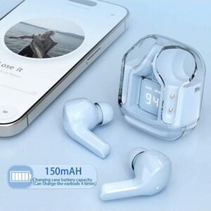 1 écouteur Bluetooth sans fil transparent, écouteur sans fil stéréo, affichage LED de la batterie, boîtier de charge de type C, compatible avec tous les smartphones, convient pour le jeu, la musique, les sports de plein air/les , l'utilisation par les adultes, microphone capacitif, batterie rechargeable de 150 mAh, polymère lithium-ion