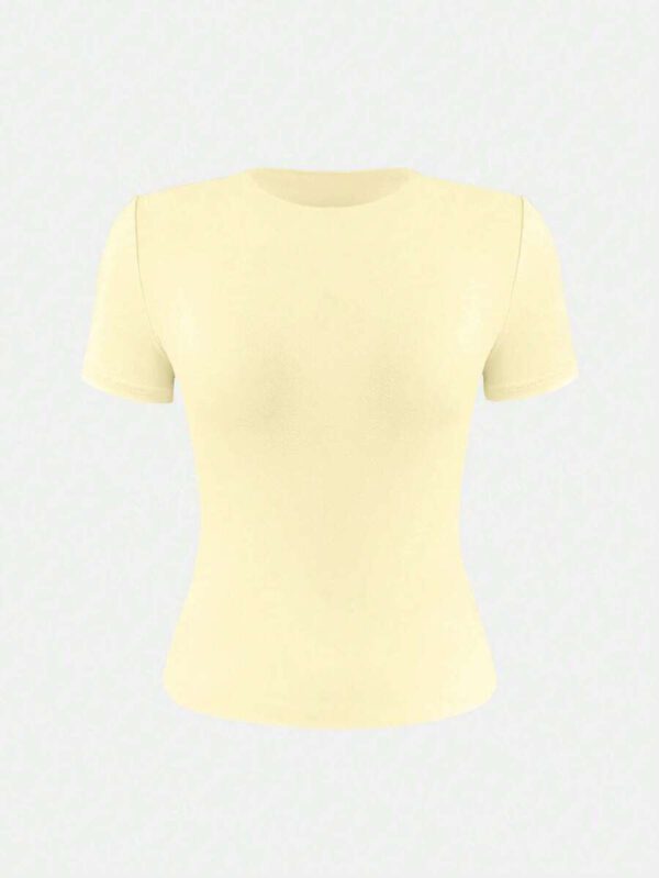 XLLAIS 2025 Top d'été à col rond, manches courtes, en jaune beurre unicolore, coupe près du corps, style sport, décontracté pour femme. Retour à l'école – Image 20