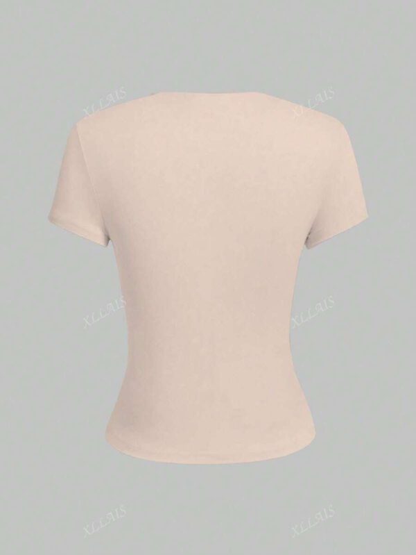 XLLAIS 2025 Top d'été à col rond, manches courtes, en jaune beurre unicolore, coupe près du corps, style sport, décontracté pour femme. Retour à l'école – Image 31