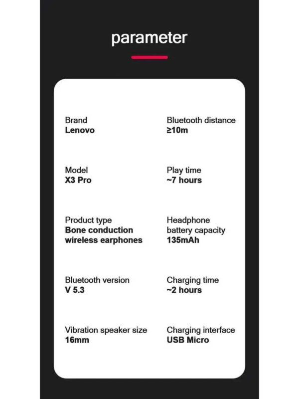 Lenovo Écouteurs à conduction osseuse X3 Pro, Casque Bluetooth haute fidélité sans fil avec micro et crochet d'oreille, écouteurs étanches – Image 11