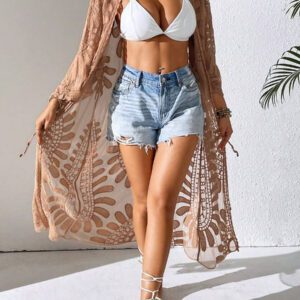 Swim Lushoire Kimono transparent à tulle brodé à nœud