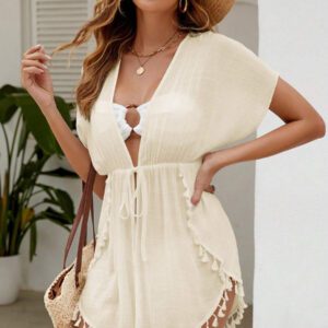 SHEIN Swim Kimono léger transparent pour l'été avec nœud avant et frange