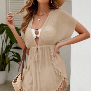 SHEIN Swim Kimono léger transparent pour l'été avec nœud avant et frange
