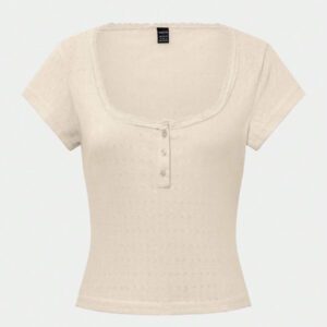 Zielony T-shirt court manches courtes avec bordure en dentelle, Top moulant et élancé pour femmes avec 3 boutons, style d'été