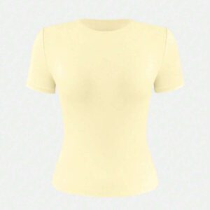 XLLAIS 2025 Top d'été à col rond, manches courtes, en jaune beurre unicolore, coupe près du corps, style sport, décontracté pour femme. Retour à l'école