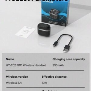 HYUNDAI Casque Bluetooth HYUNDAI HY-T02PRO, qualité stéréo haute définition, autonomie extra longue, étanchéité IPX5, musique et jeux, faible latence, confort d'utilisation, annulation passive du bruit, écouteurs sans fil, compatible avec smartphones et tablettes