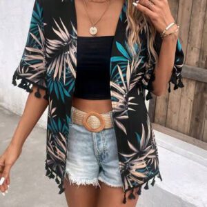 Swim Vcay Kimono d'été avec imprimé tropical et garniture à franges
