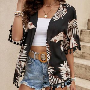 Swim Vcay Kimono d'été avec imprimé tropical et garniture à franges
