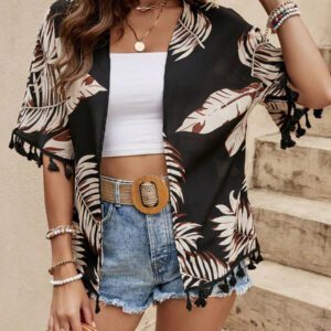 Swim Vcay Kimono d'été avec imprimé tropical et garniture à franges