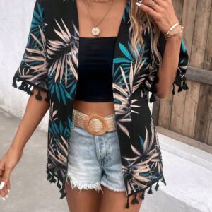 Swim Vcay Kimono d'été avec imprimé tropical et garniture à franges
