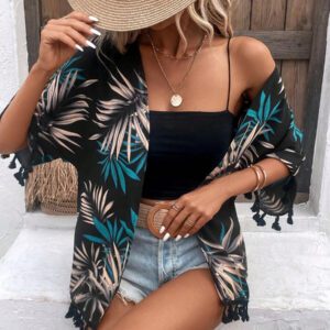 Swim Vcay Kimono d'été avec imprimé tropical et garniture à franges