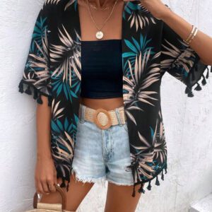 Swim Vcay Kimono d'été avec imprimé tropical et garniture à franges