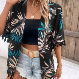 Swim Vcay Kimono d'été avec imprimé tropical et garniture à franges