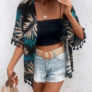 Swim Vcay Kimono d'été avec imprimé tropical et garniture à franges