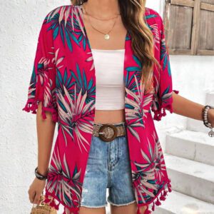 Swim Vcay Kimono d'été avec imprimé tropical et garniture à franges