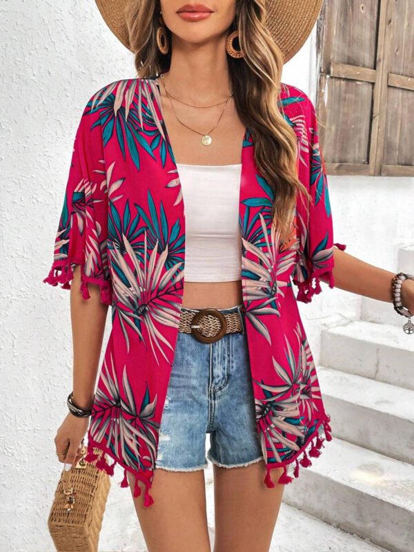 Swim Vcay Kimono d'été avec imprimé tropical et garniture à franges – Image 14