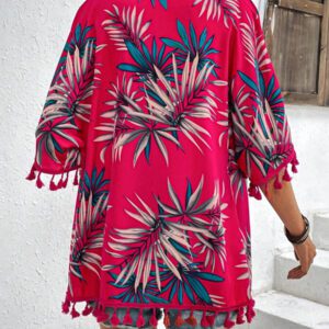 Swim Vcay Kimono d'été avec imprimé tropical et garniture à franges