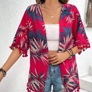 Swim Vcay Kimono d'été avec imprimé tropical et garniture à franges