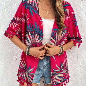 Swim Vcay Kimono d'été avec imprimé tropical et garniture à franges