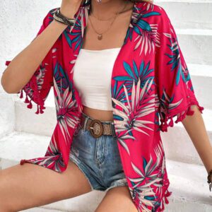 Swim Vcay Kimono d'été avec imprimé tropical et garniture à franges