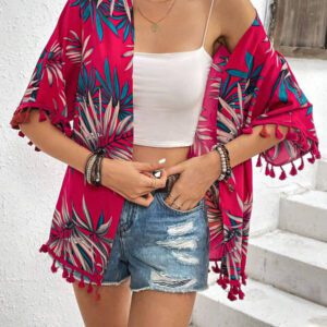Swim Vcay Kimono d'été avec imprimé tropical et garniture à franges